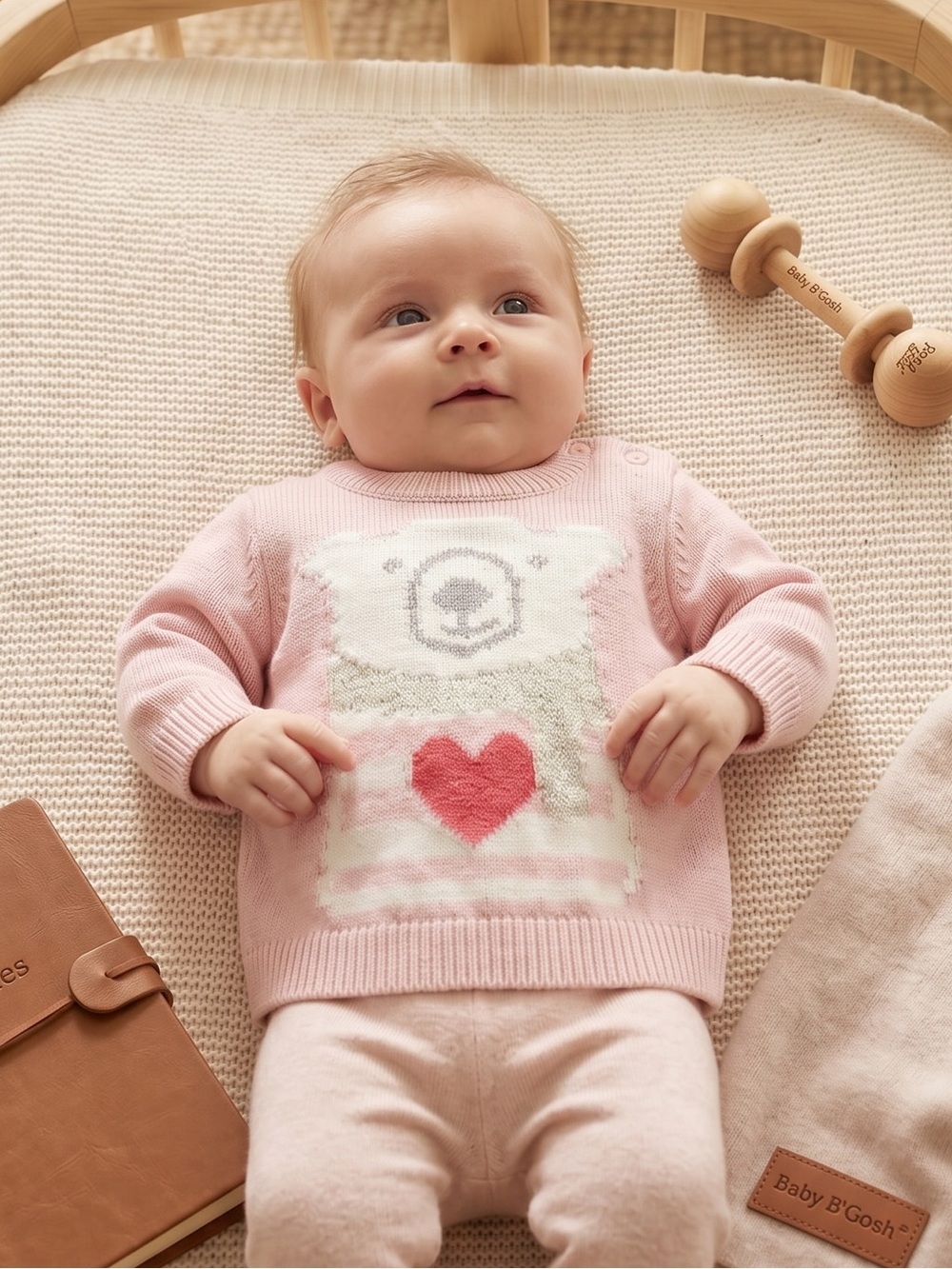 Baby Pink Knit Sweater with Bear and Heart Motif